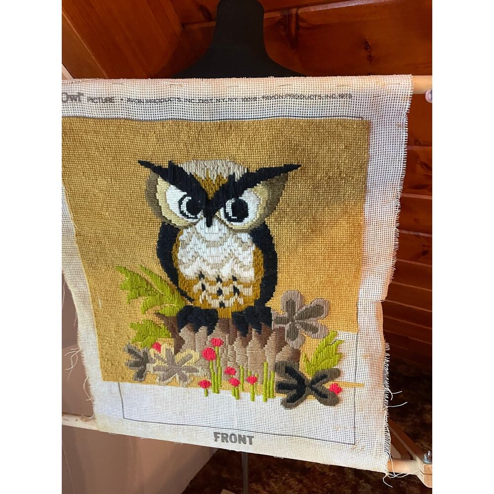 Vintage 1978s Avon Creative Needlecraft Unfinished Owl Needlepoint Crewel